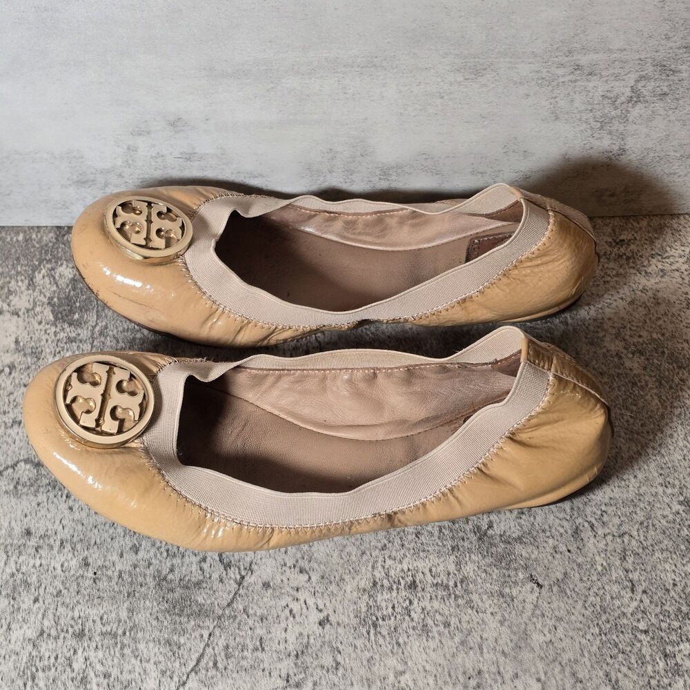 Tory Burch Caroline Patent Leather Ballerina Flats Shoes Nude Beige Size 6.5 - Picture 3 of 5